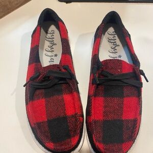 Gypsy Jazz Red and Black Buffalo Plaid Shoes